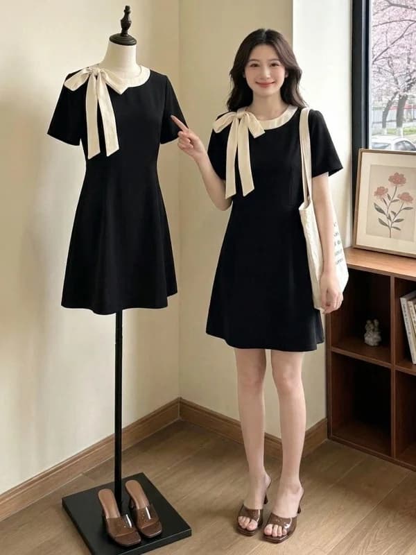 Elegant Black Short Sleeve A-Line Dress Women's Summer 2026 New plus Size Slimming Hepburn Style Korean Version Casual round ...