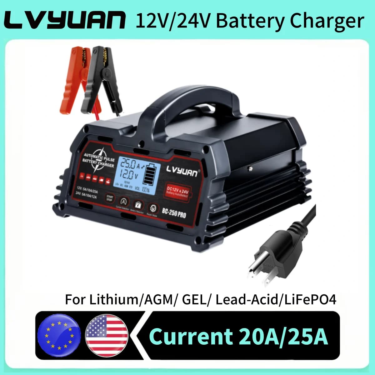 Caricabatteria automatico DC12V 24V Display LCD intelligente Caricabatteria per auto con ricarica intelligente a 8 stadi per LiFePO4 AGM GEL al piombo-acido