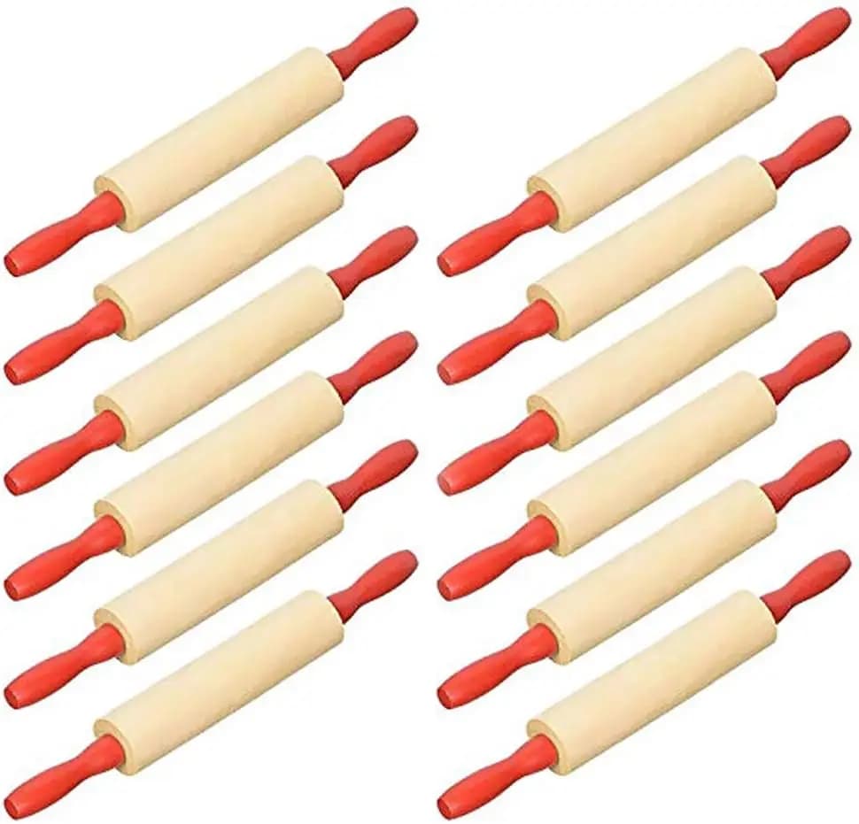 Set di 12 Mini Mattarelli in Legno da 7,5 Pollici per Pasta Modellabile, Argilla e Cottura - Manici Rossi, Perfetti per Piccoli Pasticceri