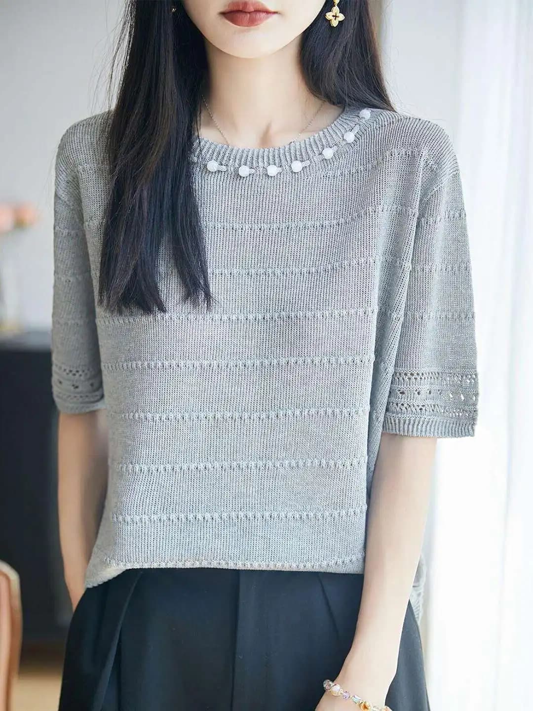 Heavy Embellished Hollow out Knit Top Women's Short Sleeve Loose Slimming Casual round Neck T-Shirt Soft Comfortable Breathable