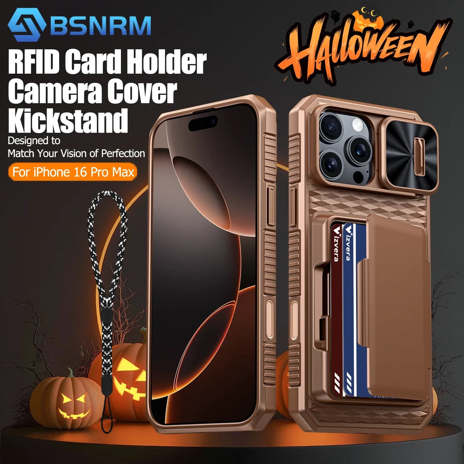Regali di Halloween, porta carte portafoglio RFID, cover per fotocamera, custodia protettiva robusta antiurto per iPhone 16 Pro Max-Oro