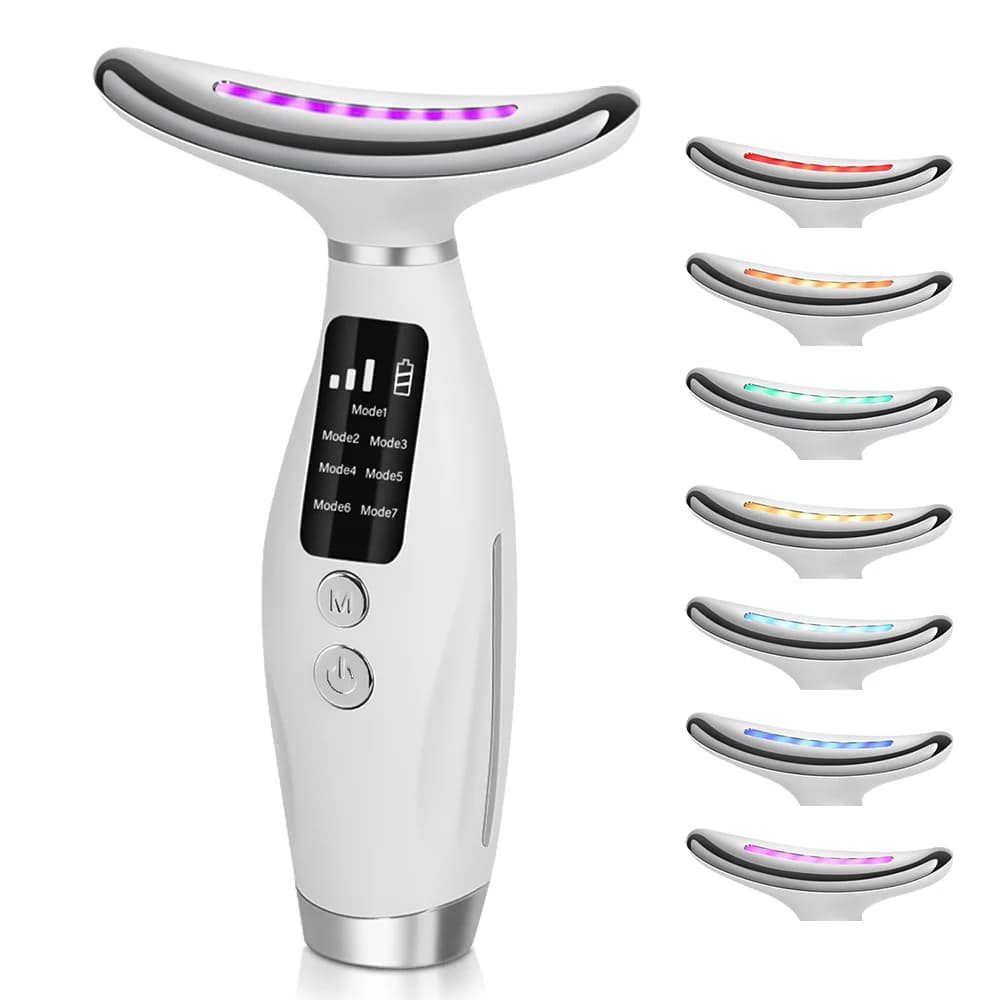 Dispositivo di Bellezza per Viso e Collo con 7 Luci LED, 7 Modalità di Massaggio a Vibrazione, Migliora le Rughe del Collo, Macchina per Lifting e Rassodamento Viso per Uso Domestico