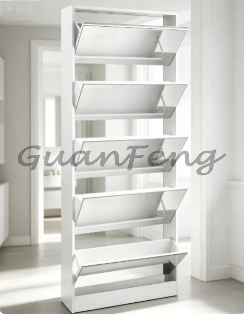 White Mirrored Shoe Cabinet With 5‑Drawers Storage Shelf Modern Freestanding Shoe Organizer For Entryway