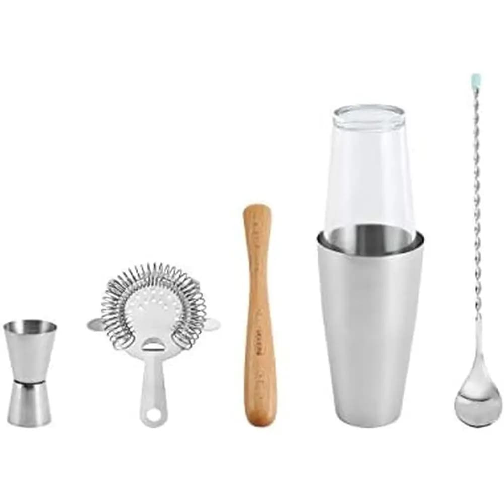 Kit da cocktail essenziale da 5 pezzi: Jigger, Muddler, Agitatore, Boston Shaker, Colino