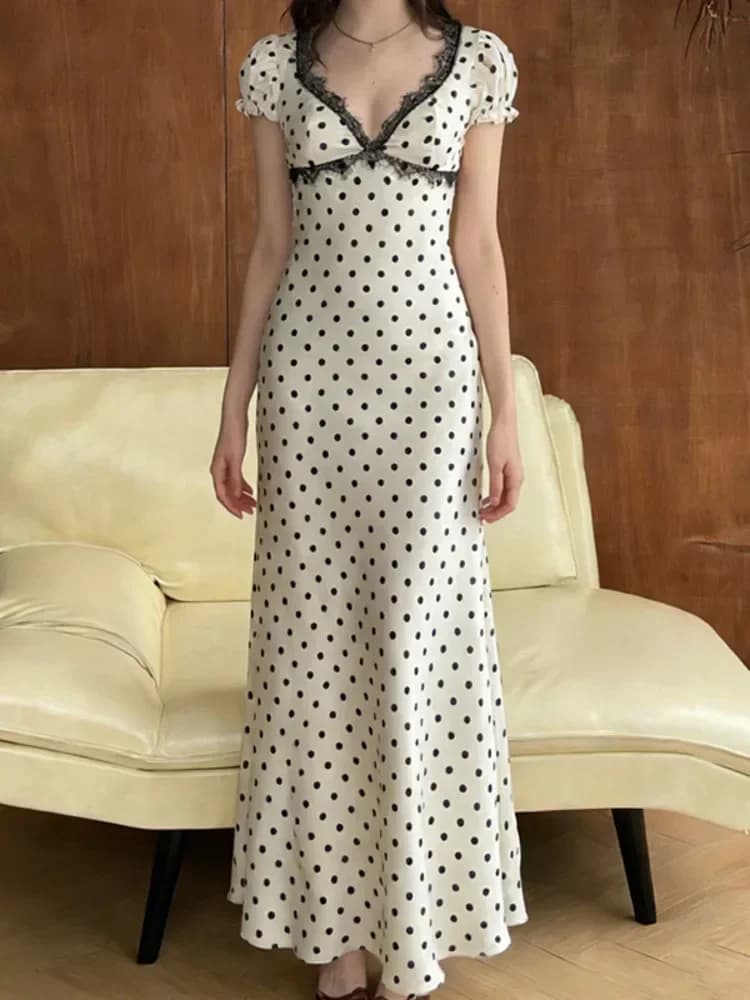 Elegante Abito Lungo Sexy con Pizzo a Pois, Scollo a V e Lacci sul Retro, Moda Primavera-Estate per Donna