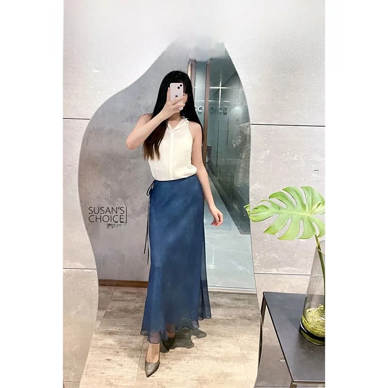 Gonna a Coda di Pesce Elegante in Seta Blu Vintage a Doppio Strato con Vita Alta, Stile Drappeggiato, Lunghezza Media, Moda Donna