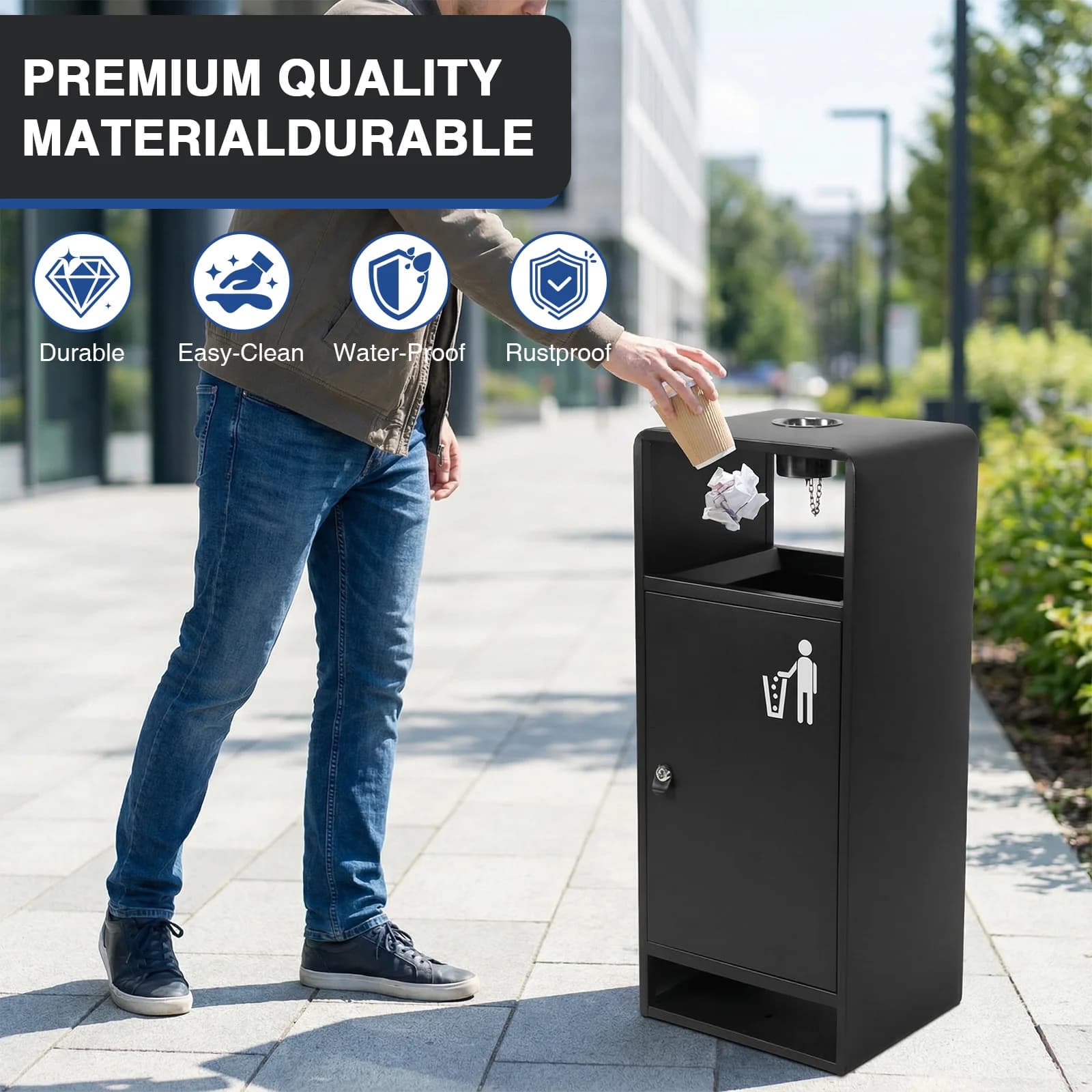 Bidone per Rifiuti in Acciaio Inox da 40L/10 Galloni con Quattro Aperture Laterali, Contenitore Commerciale in Metallo per Ristoranti, Hotel e Centri Commerciali