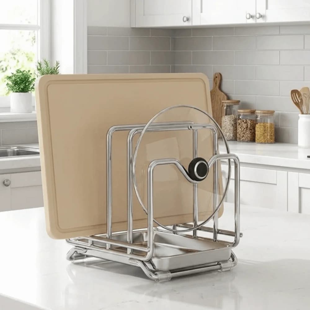Stainless Steel Multi-layer Pot Lid Rack Anti-slip Rustproof Cutting Board Holder Space Saving with Drainage Tray