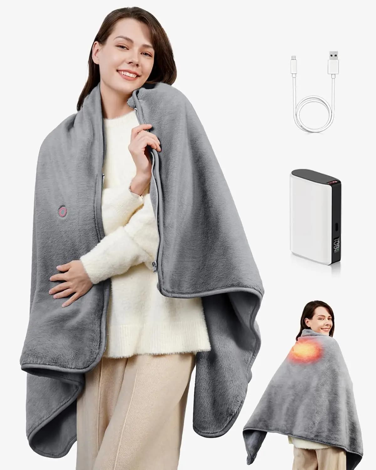 Coperta riscaldata portatile con batteria ricaricabile, calore a infrarossi lontani, morbida pelliccia sintetica per casa, viaggi e campeggio