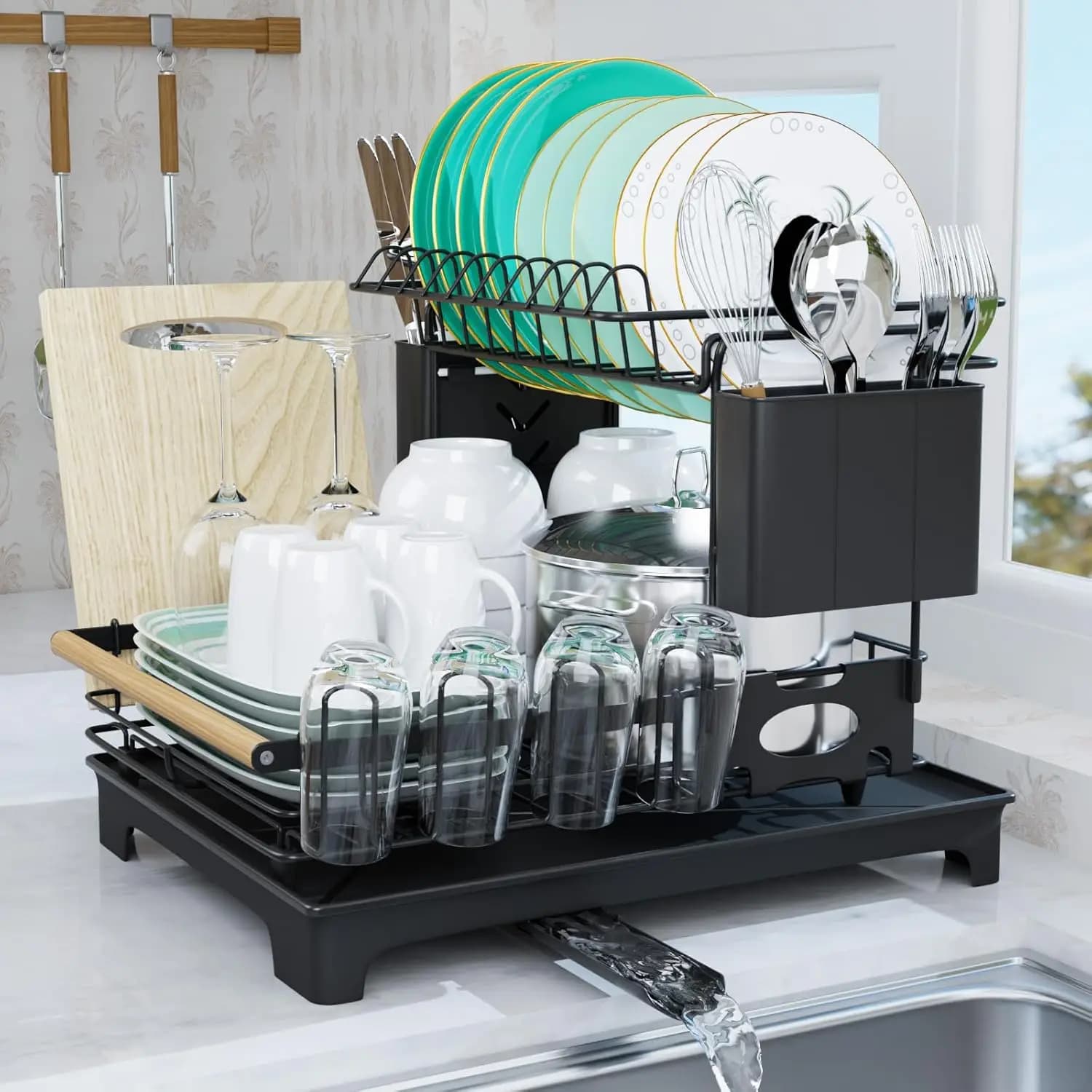 2-Tier Large Capacity Metal Dish Rack, With Drainboard, Cup, Utensil & Cutting Board Holder, Anti-Rust, Black