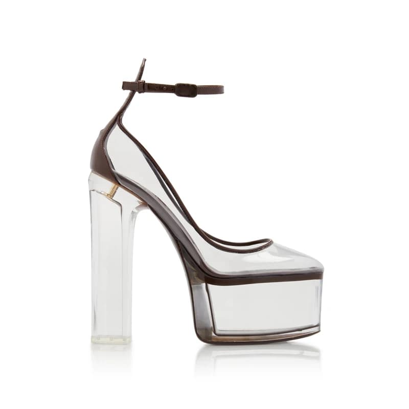 Sandali Donna con Tacco Trasparente in Cristallo, Plateau e Cinturino con Fibbia, Punta Rotonda, Tacco Grosso, Colore Marrone, Collezione Estate 2026