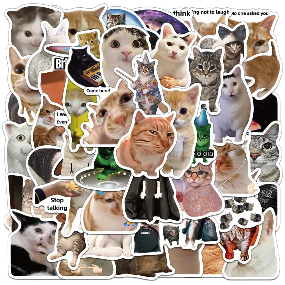 Set da 50 Pezzi Collezione Meme Gatto, Adesivi Divertenti e Carini, Personalizzabili per Quaderni, Cover per Telefoni, Agende