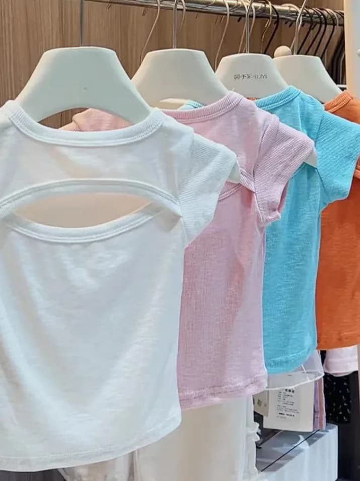 Girls' Slim Fit Short Sleeve T-Shirt Back Open Design Casual Style Children's Fashion Versatile Summer New Arrival Cotton Blend
