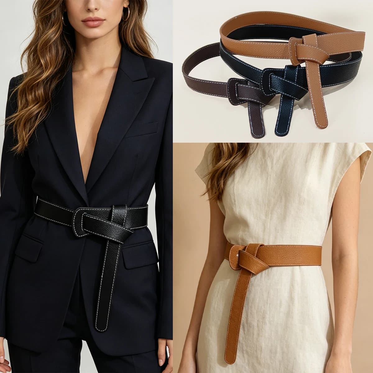 Versione da donna del nuovo cappotto coreano da studentessa con cintura decorativa in pelle elegante che si stringe in vita, cintura a corsetto alla moda.