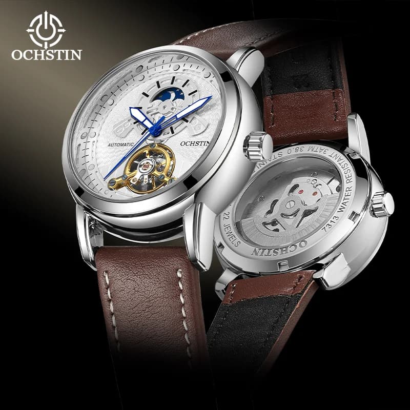 Orologio da Polso Automatico OCHSTIN per Uomo, Indicatore Giorno/Notte 24 Ore, Luminoso, Lussuoso Tourbillon Scheletrato con Cinturino in Pelle