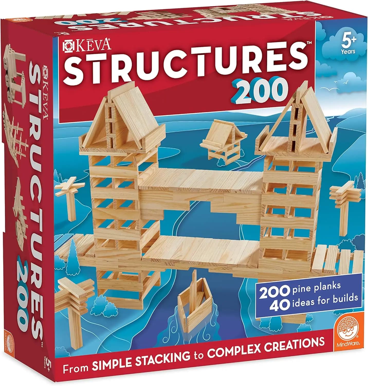 Set di 200 Tavole di Legno per Costruzioni con Libro delle Idee - Giocattolo Educativo per Bambini dai 5 Anni in Su
