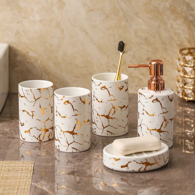 Dispenser di Sapone in Ceramica Placcato Oro, Porta Spazzolino, Portasapone, Accessori Bagno, Contenitore per Sapone