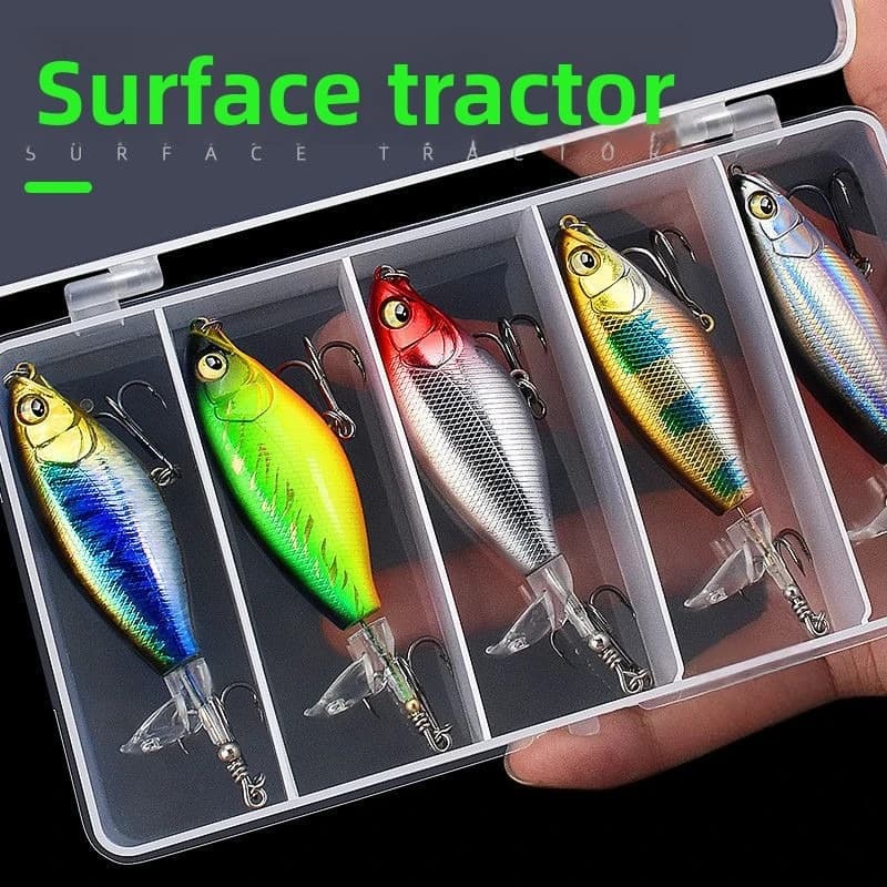 5 esche artificiali galleggianti a forma di matita di colore casuale, esche artificiali con elica per la pesca in superficie, esche rigide per la pesca di persici e blackfish