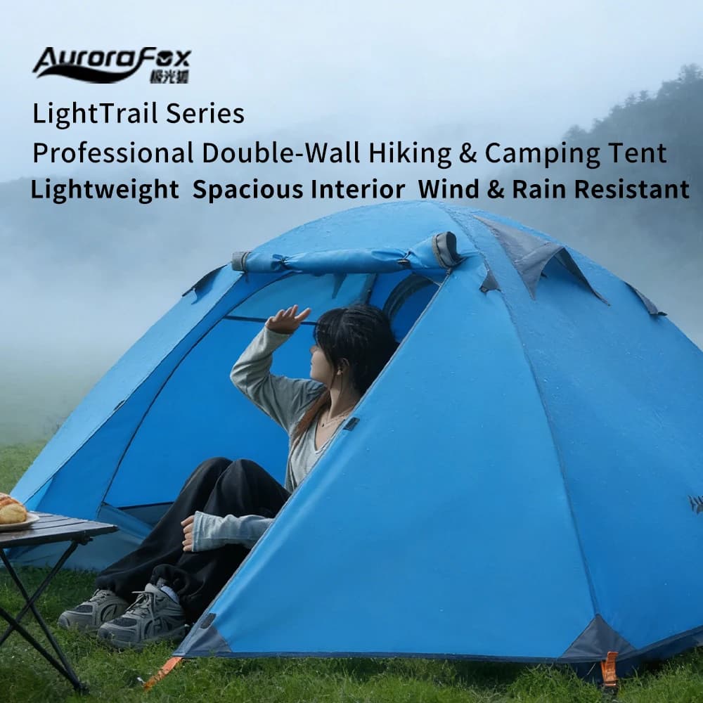 Aurora Fox Tent for 2 People, Blue, Double Road, with Aluminum Poles, Ultralight for Camping and Family Trips