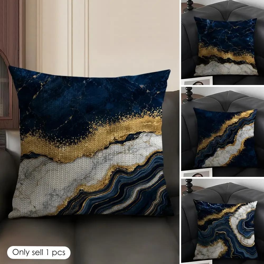 Golden And Blue Abstract Marble Cushion Cover Natural Linen Organic Fabric Double Sided Print Sofa Pillow Case Home Decor Gift