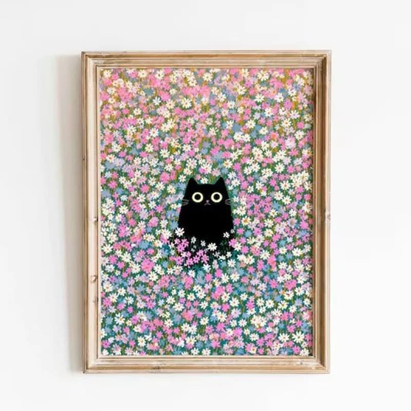(No frame)Claude Monet Artworks Interesting Cute Black Cat Lotus Pond Poster Canvas Paintings Wall Art Pictures for Living Ro