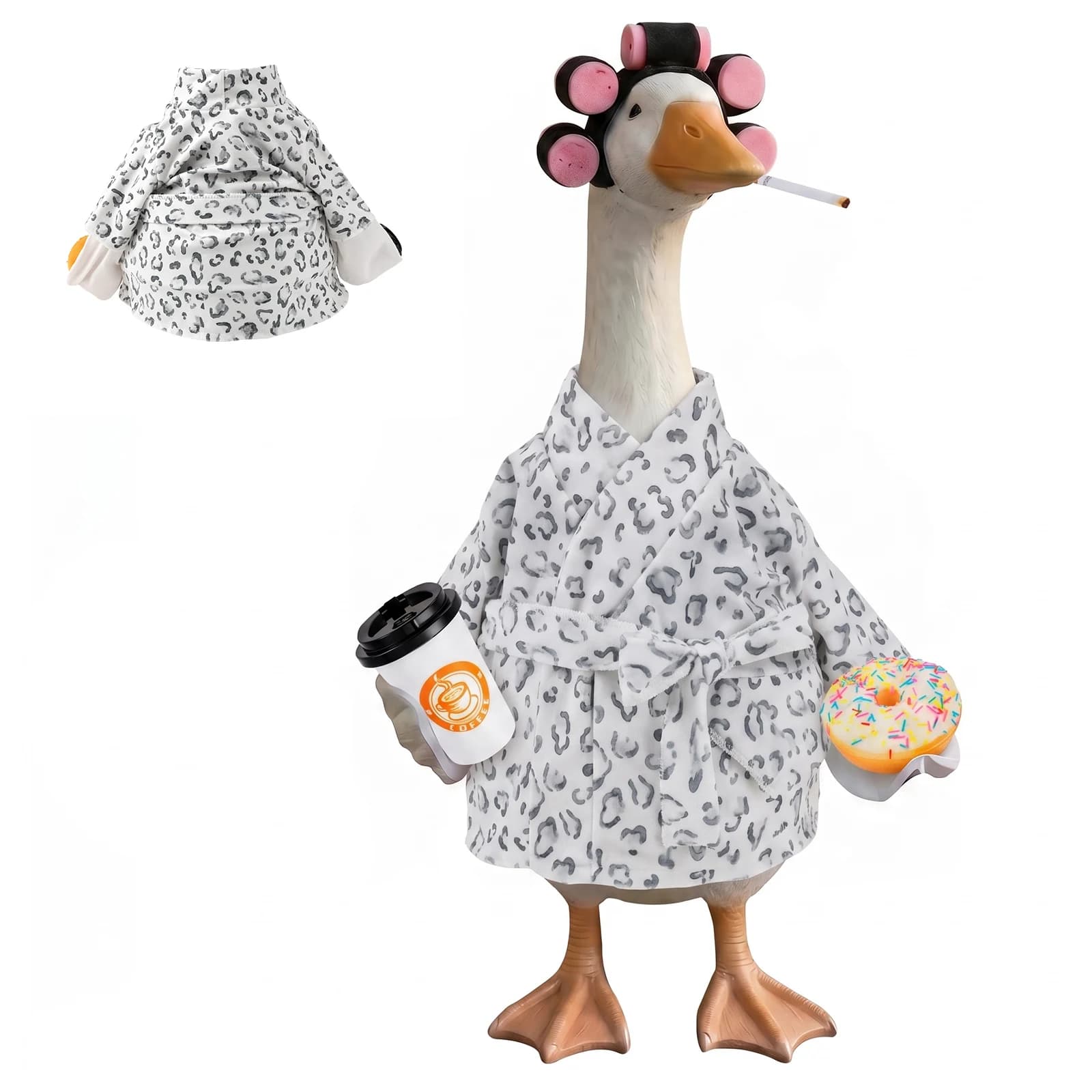 Lady Porch Goose Outfit Set Complete 23 Inch Goose Bathrobe Costume with Hair Curler Coffee Cup Donut and Cigarette Prop