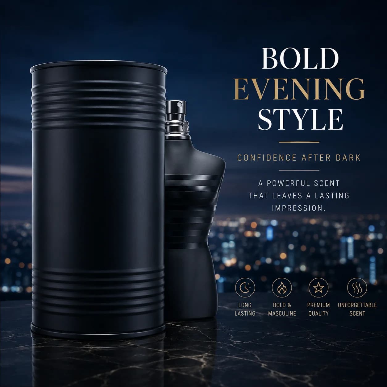 Bold Evening Woody Spicy Men Cologne Matte Black Striped Torso Sculpt Bottle Gold Accent Ring Cap Multi-Layer Pear Lavender Cinnamon Vanilla Amber Scent Premium Ribbed Black Metal Cylinder Gift Can For Men Night Formal Occasions