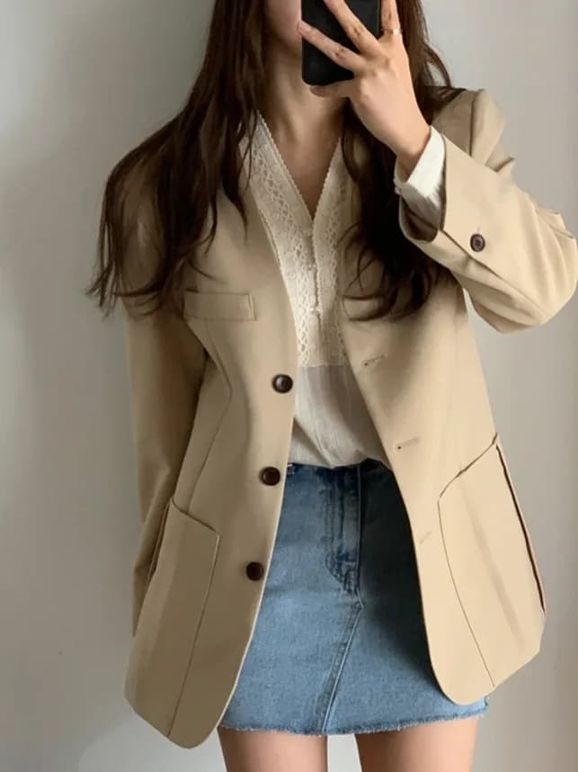 Elegant Korean Style Single Button V-Neck Suit Jacket for Women Autumn 2025 Fashionable Long Sleeve Pure Color Commute