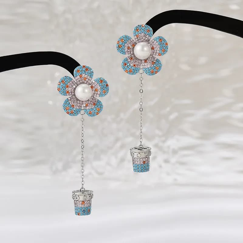 925 Silver Needle Flower Pot Shape Pearl CZ Drop Earrings, Sparkling Luxury Statement Jewelry for Women