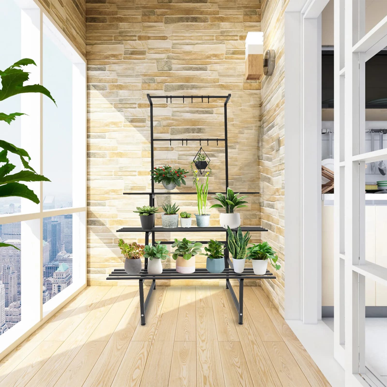 Supporto per piante con scala a 3 livelli con barra sospesa, ripiani per interni ed esterni, organizer per vasi da fiori a 44 libbre/livello per giardino, balcone, soggiorno