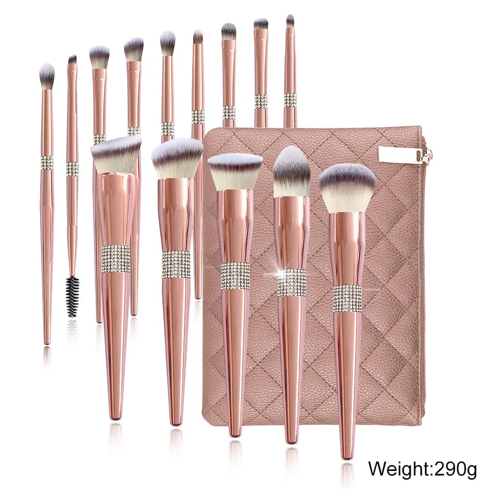 Set di Pennelli da Trucco con Etichetta Privata, 14 Pezzi, Manico in Cristallo Diamantato Oro Rosa, per Fondotinta e Ombretto