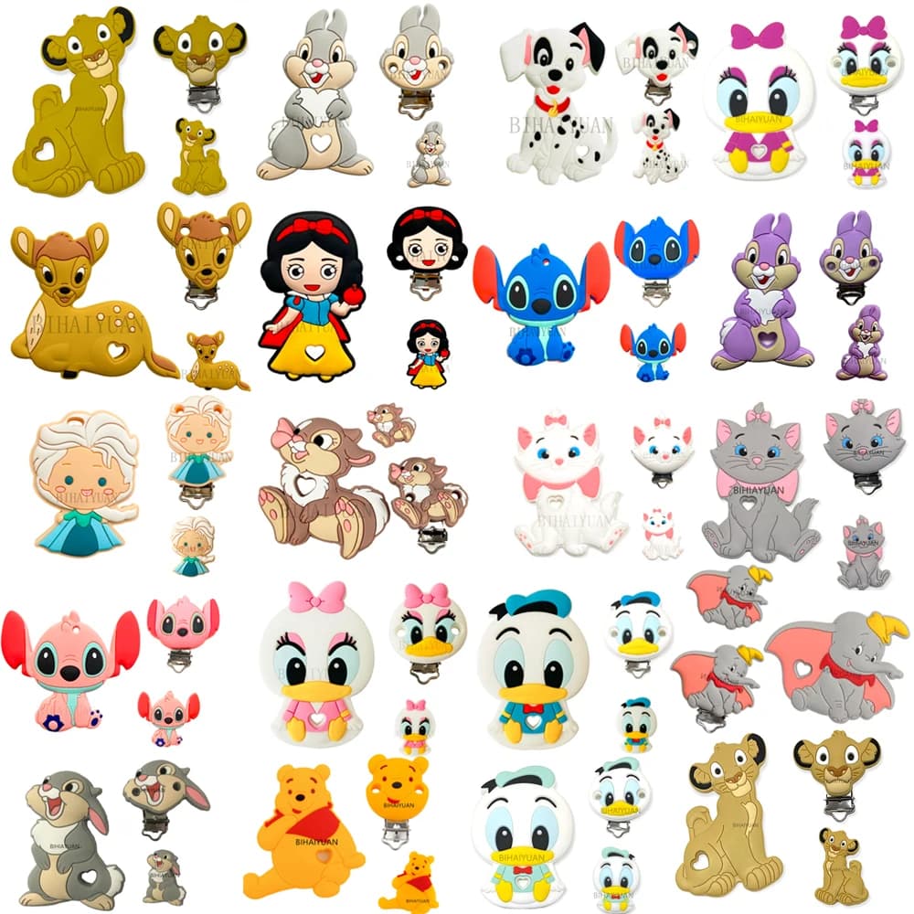 3 pz un set Punto Miss Bunny Dumbo simba marie gatto Silicone massaggiagengive clip Perline FAI DA TE Ciuccio Catena Pinze Perline penna Giocattolo Gioielli
