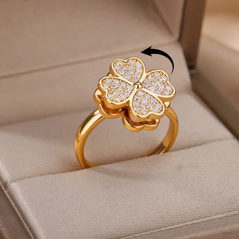 Anelli Girevoli con Zirconi a Forma di Cuore e Quadrifoglio per Donne, in Acciaio Inossidabile, Anti-Stress e Anti-Ansia, Gioielli Regalo di Natale