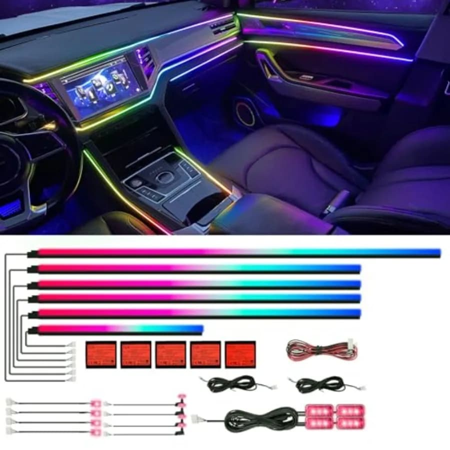 Kit Luci LED per Interni Auto in Acrilico con APP, 18-in-1, 128 Colori, 6 Pezzi in Fibra Ottica, Luci Decorative per Atmosfera Auto