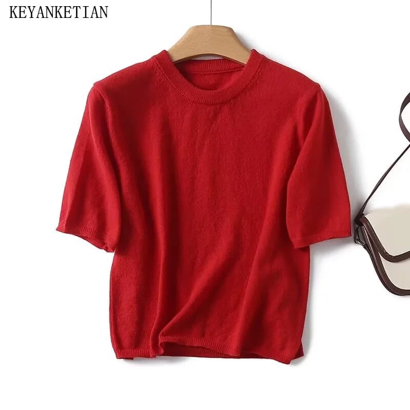KEYANKETIAN 2024 nuovo lancio Top in maglia a maniche corte rosso da donna estate American Retro Basic o-collo Slim Light maglione Crop Top