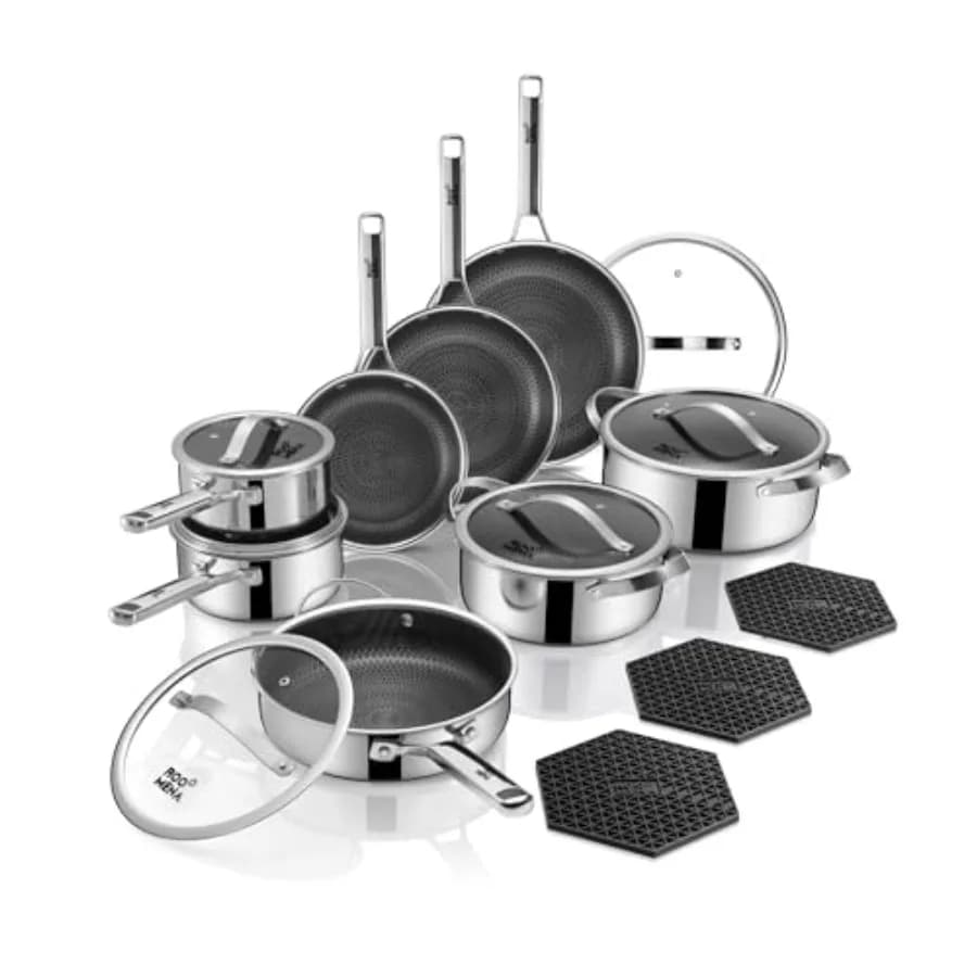 Set of 17 pieces stainless steel hybrid pots and pans, non-stick, triple layer, with pan, dishwasher safe, suitable for oven, without PFOA, metal.