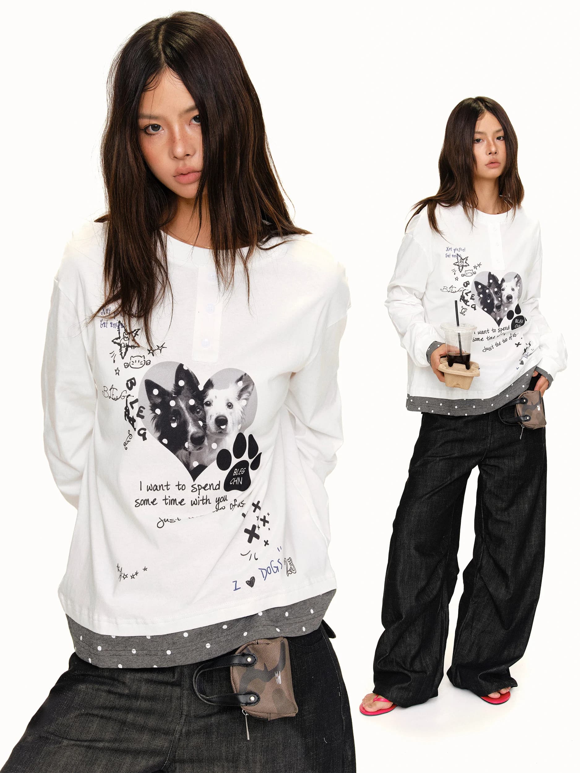 Loose Long Sleeve T-Shirt Women's round Neck Printed Casual Style Cotton Breathable Fashion Autumn Top Dog Heart Pattern