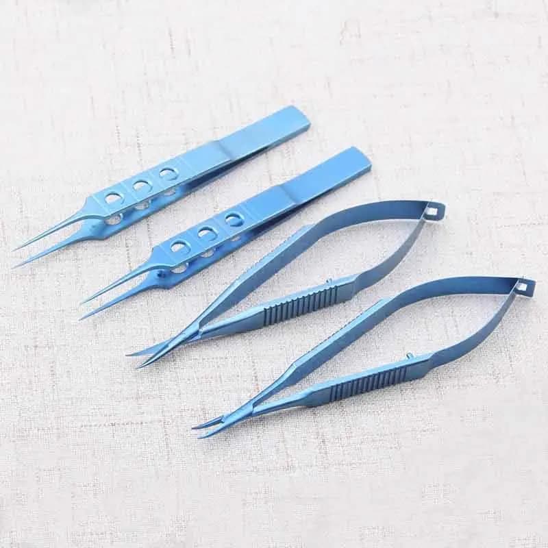 Nuovi strumenti microchirurgici oftalmici in acciaio inossidabile da 11 cm Porta aghi Micro forbici Pinzette per chirurgia manuale 4 pezzi / set