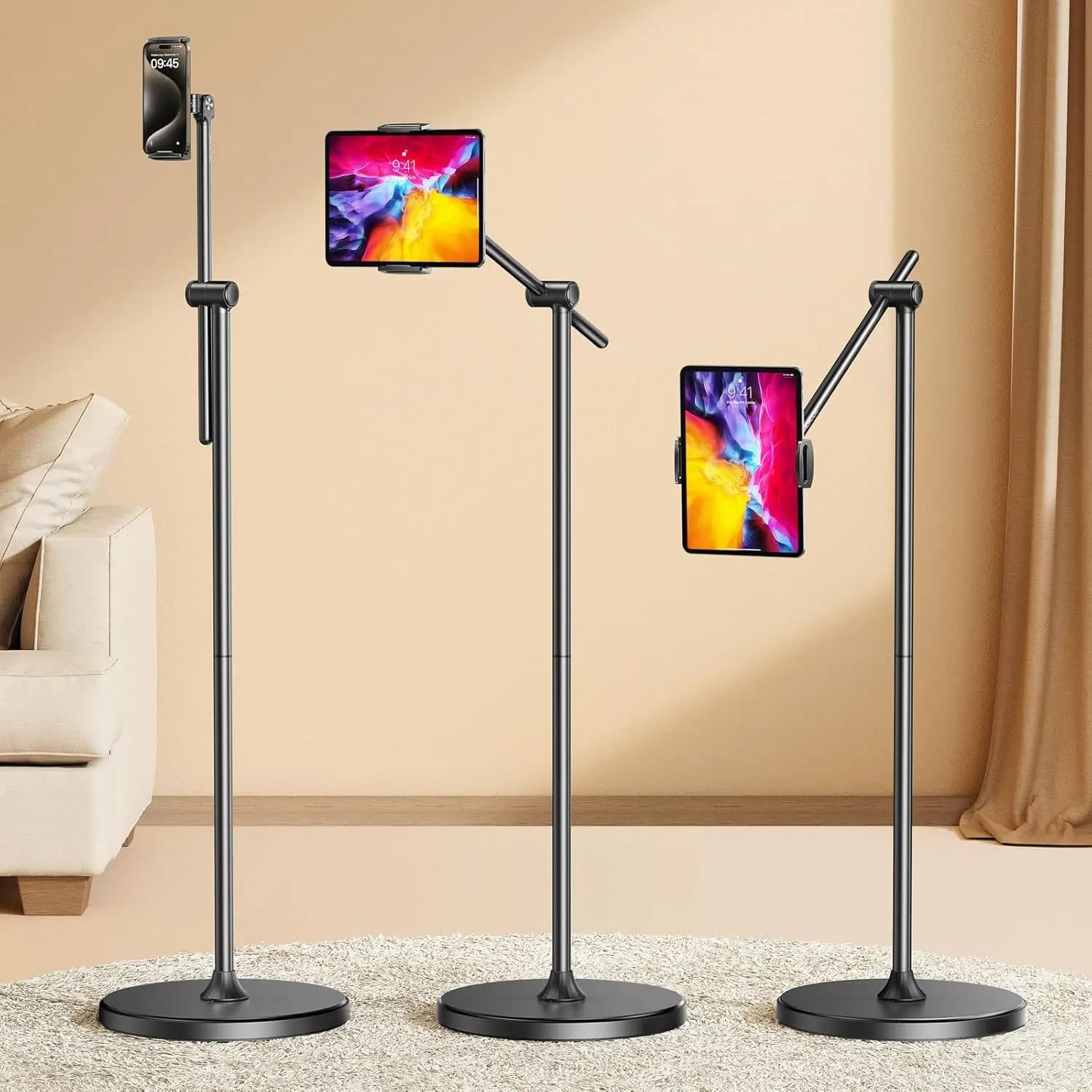 Adjustable in 360° Height Floor Support Tablet Swivels with Standing Base for iPad, Monitor, Kindle, iPhone 16 (4.7"-15.6")