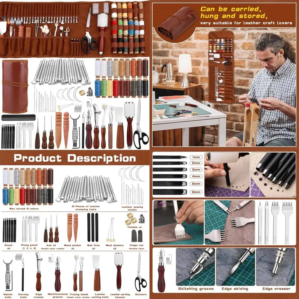 Leather processing kit with custom bag for carving, punching, sewing and molding - Essential supplies for skin artists