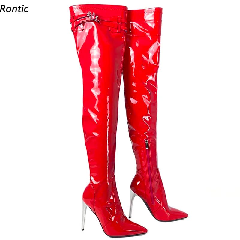 Rontic New Women Spring Thigh Boots Patent Leather Buckle Sexy Stiletto Heels Pointed Toe Gorgeous Red Party Shoes US Size 5-15