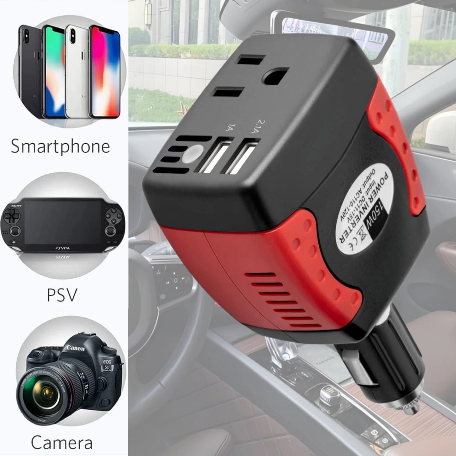 Power inverter for Auto 150W, Voltage converter from 12V to 110V with Dual USB 2.1A port for Laptop, Smartphone and Tablet