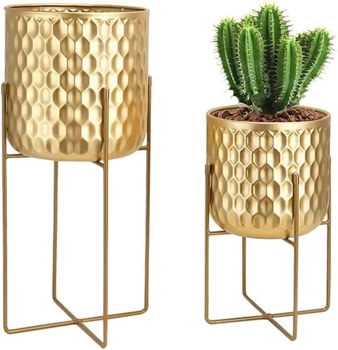 Set of 2 Modern Supports in Metal for Plants with Interior Furnishings and Gold Exterior - Perfect for Living, Kitchen, Office, Garden