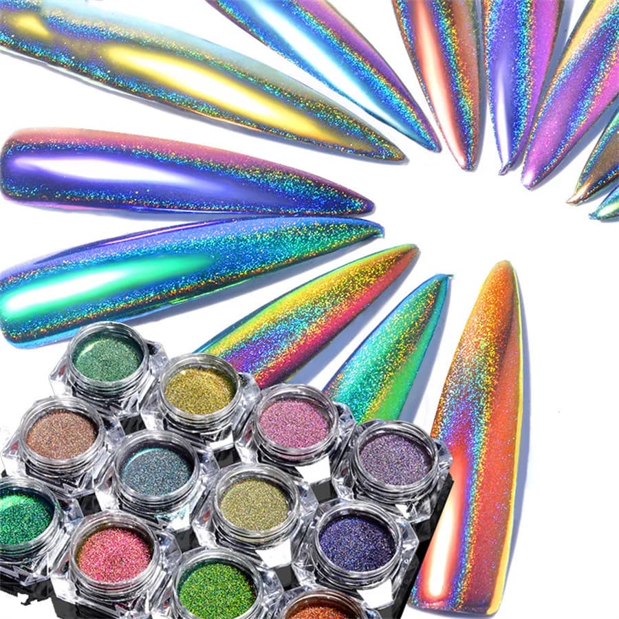 Kit polvere per unghie cromata da 12 colori 12 pezzi 0035 mm polvere laser camaleonte arcobaleno per unghie in gel glitter