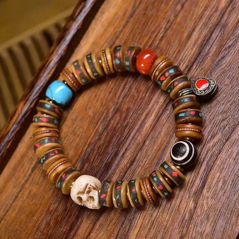 Yak Multi-Treasure Inlaid Single Circle Medicine Master Agate Bagua Backflow Bone Buddha Bead Bracelet