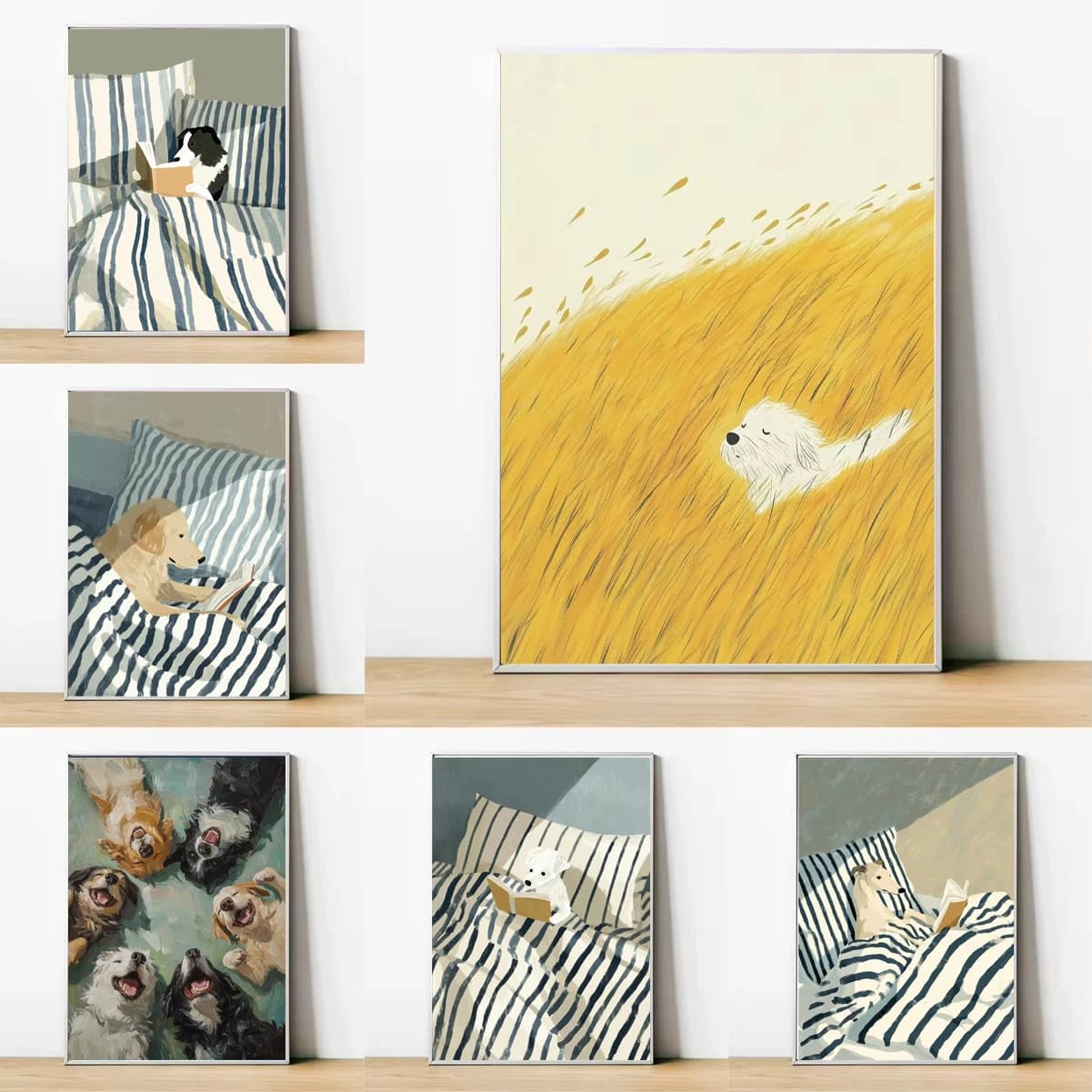 Cucciolo felice e rilassato Stampa poster Retro classico a righe Lettura cane Stampa su tela Home Room Decor Regalo