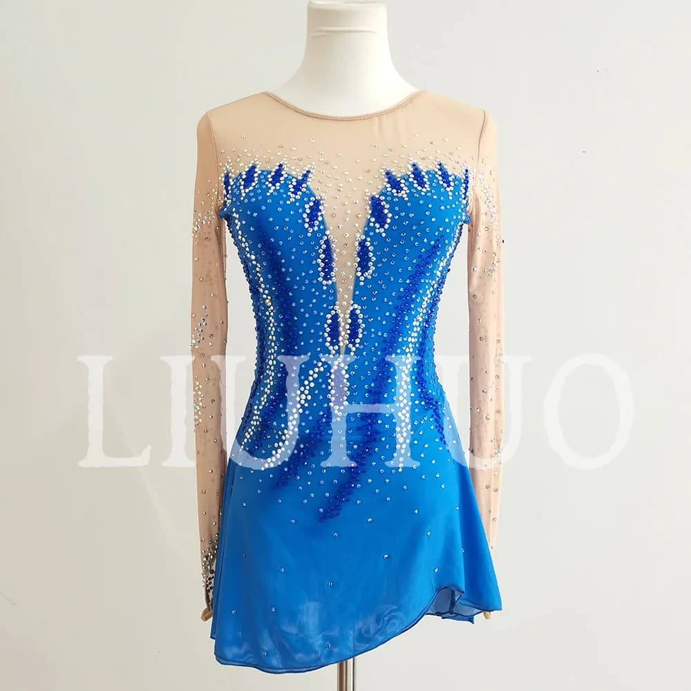 LIUHUO Abito da Pattinaggio Artistico Blu Ghiaccio per Ragazze Donne Adolescenti Vestito Elasticizzato in Spandex per Competizione BD9094