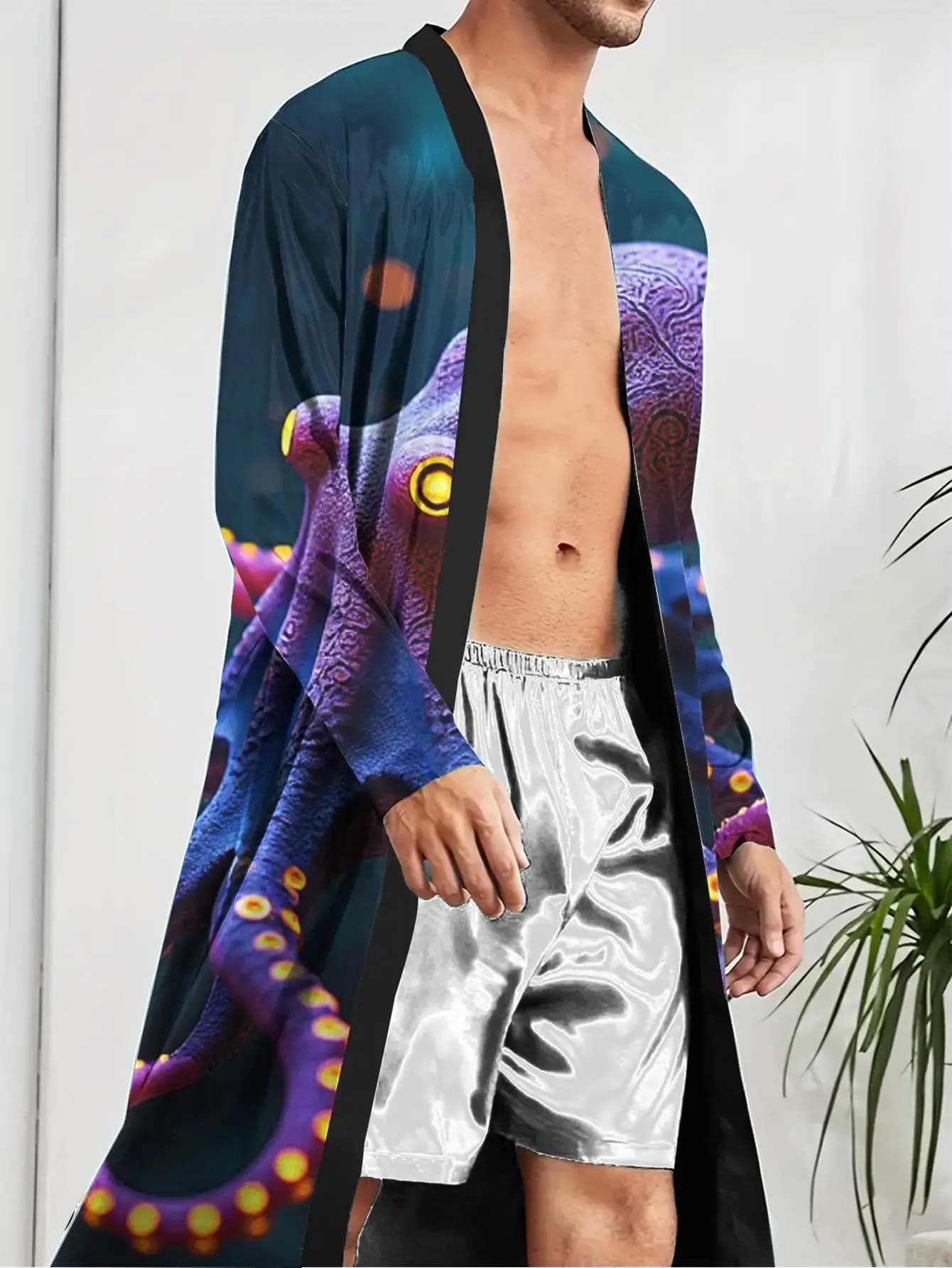 1 Pezzo Vestaglia da Uomo Primavera/Estate 2026, in Poliestere, con Stampa 3D Grafica, per Abbigliamento da Notte e da Casa