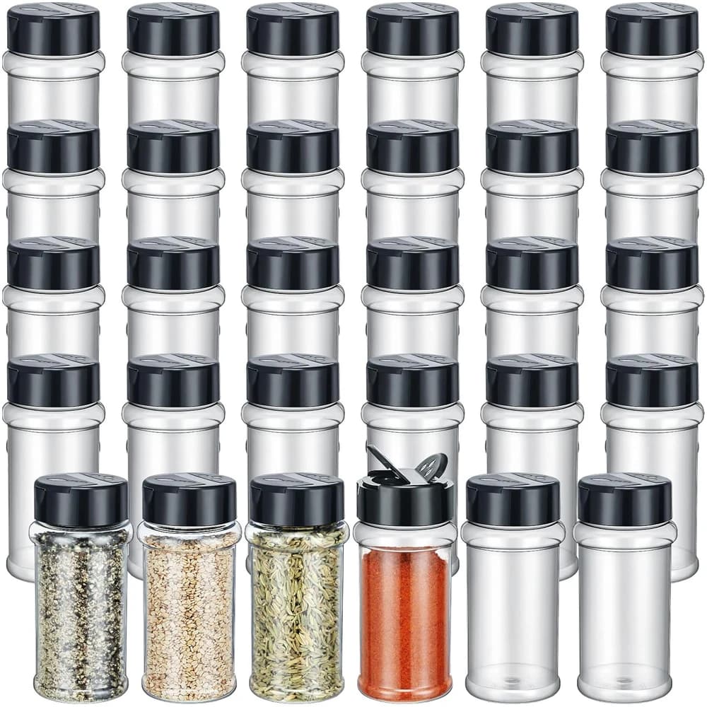 Set di Bottiglie in Plastica da 100ml per Spezie, Contenitori Vuoti per Condimenti con Tappo Nero, Barattoli Riutilizzabili Trasparenti per Spezie, Erbe, Polveri