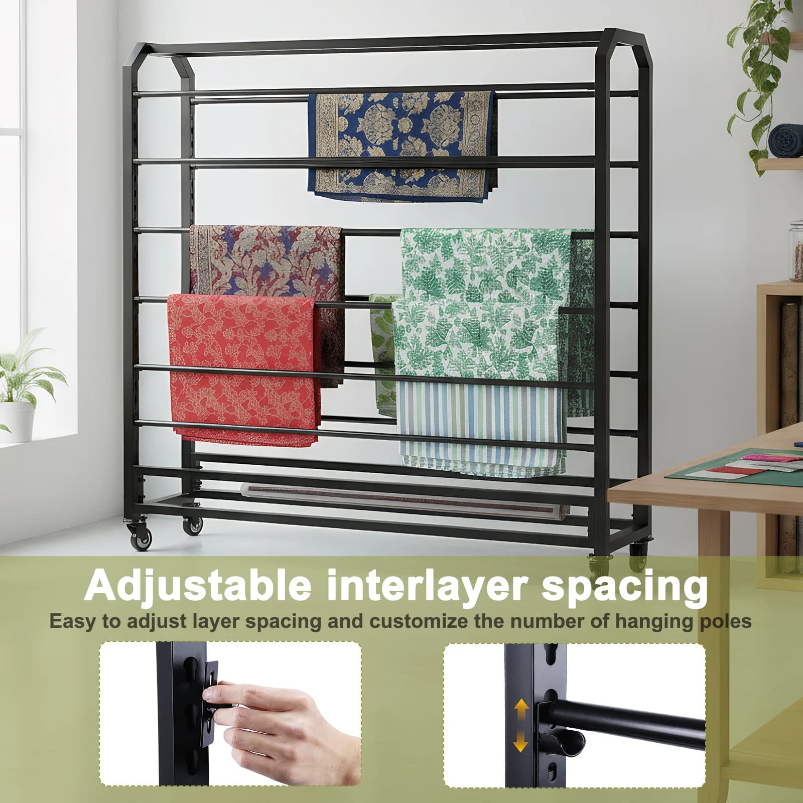 Double Side Fabric Roll Organizer with Wheels, Fabric Resistant Display, Leather, Curtains, Parade Card
